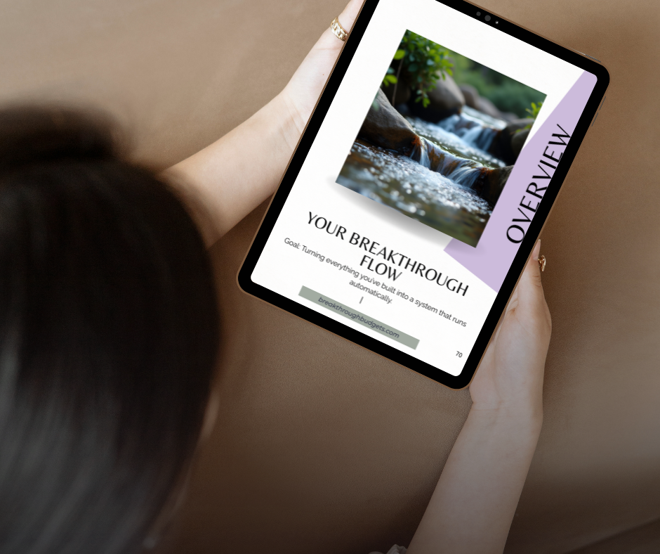 Person holding a tablet with a nature-themed app on a beige background