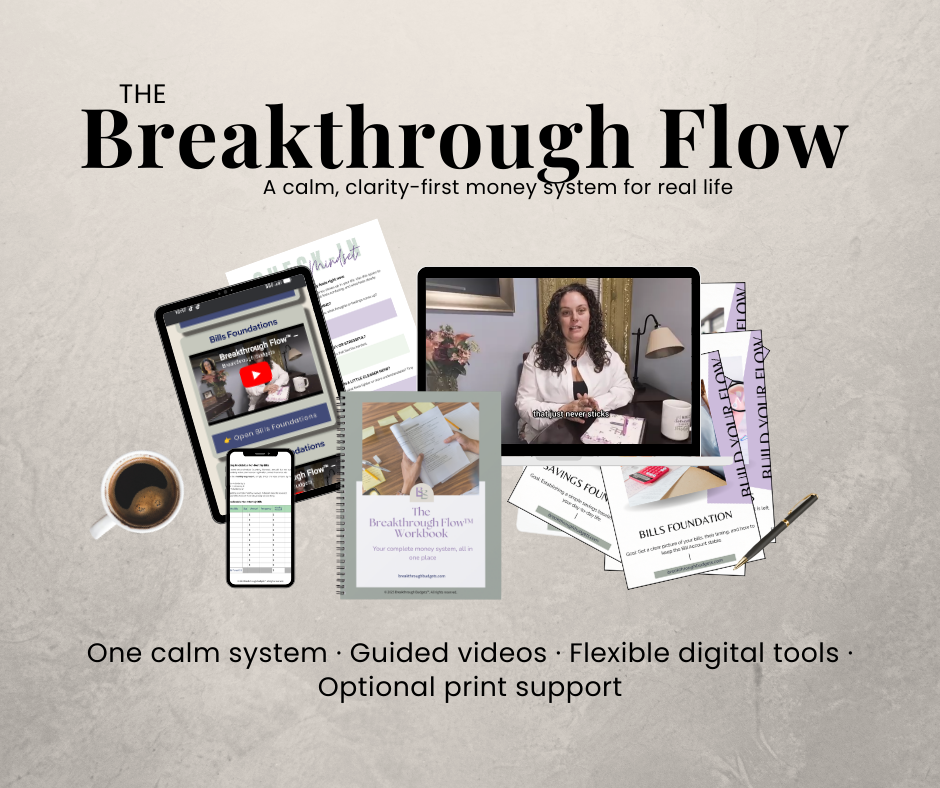 Promotional graphic for 'The Breakthrough Flow' with digital tools and printed materials on a neutral background.